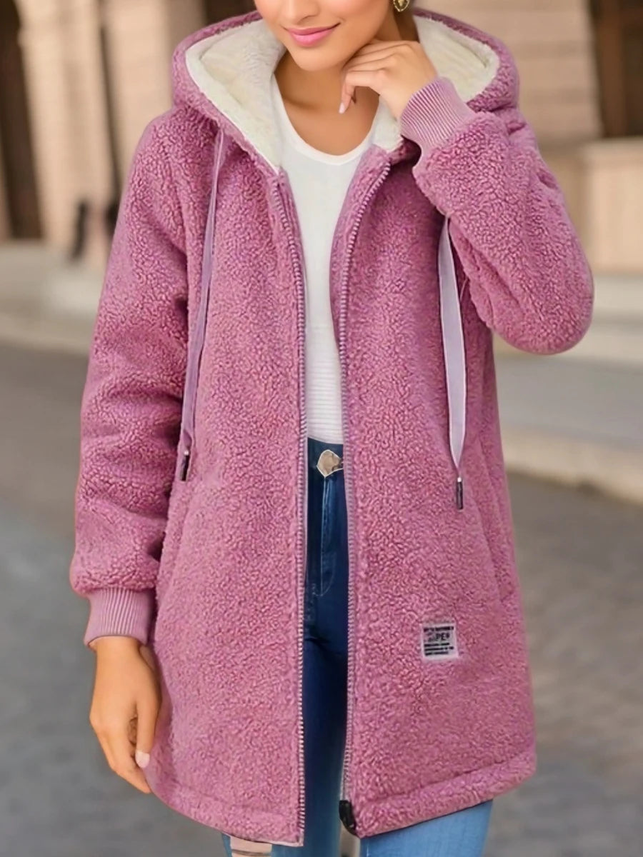 Casaco de lã grossa com capuz feminino, casaco de inverno moderno e novo estilo