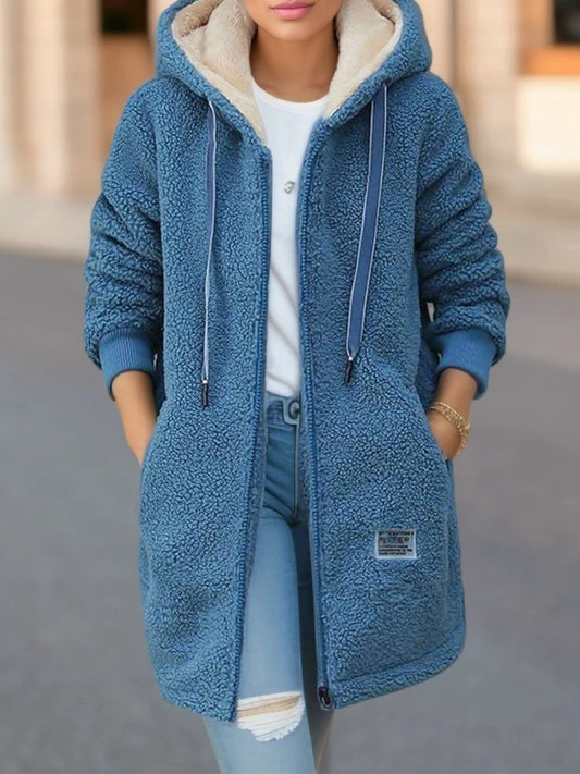 Casaco de lã grossa com capuz feminino, casaco de inverno moderno e novo estilo